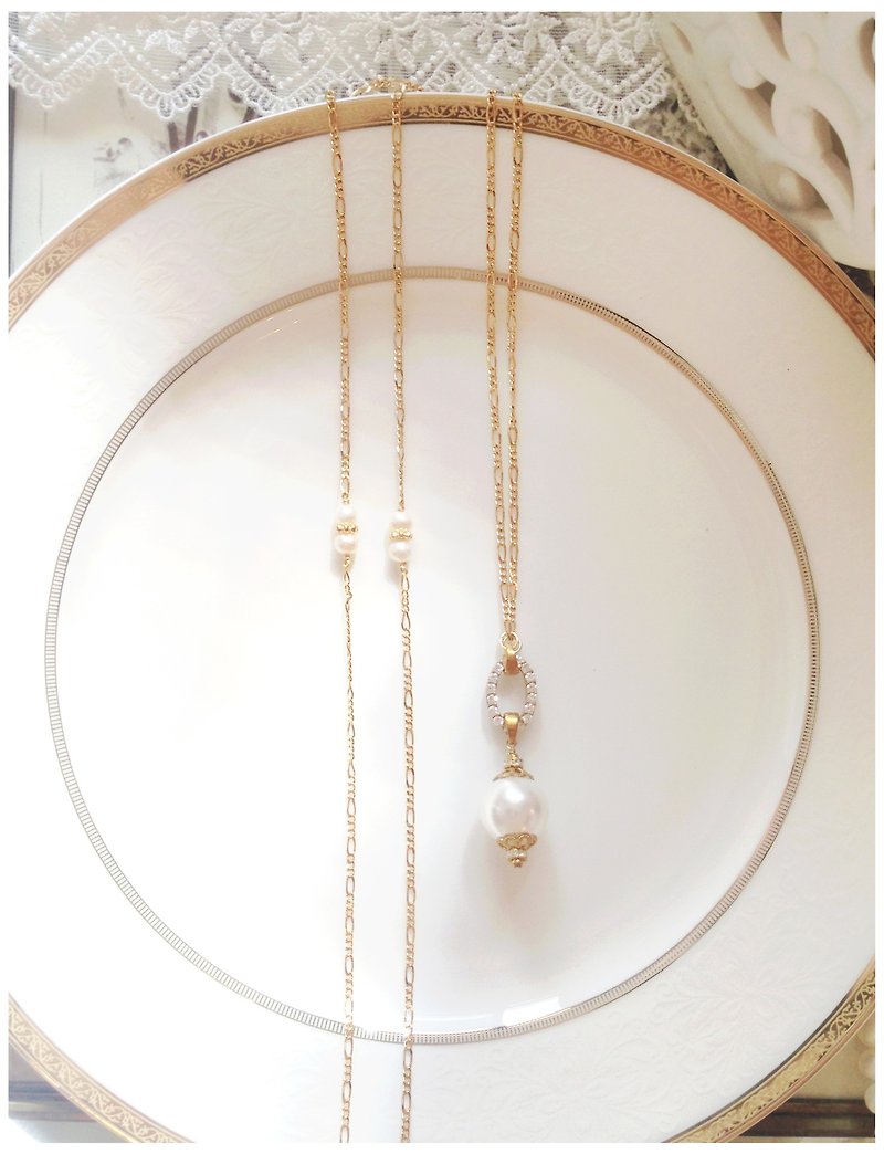 ∴Minertés = retro bright pearl ‧ ‧ ‧ zircon gold-plated necklace ∴ (extended chain section) - Long Necklaces - Gemstone White