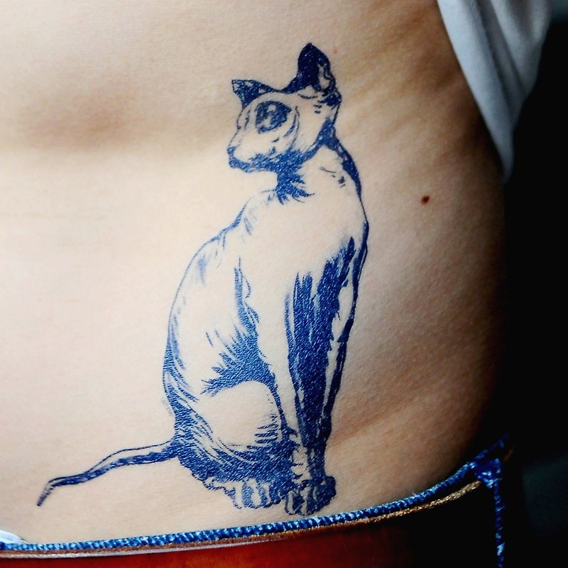斯芬克斯貓埃及無毛貓剌青紋身貼紙喵猫動物寵物插畫水墨深藍禮物 - 紋身貼紙 - 紙 藍色