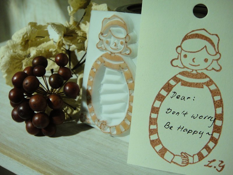 Hand-made rubber stamp-give you a hug (signature striped girl) - Other - Other Materials Brown