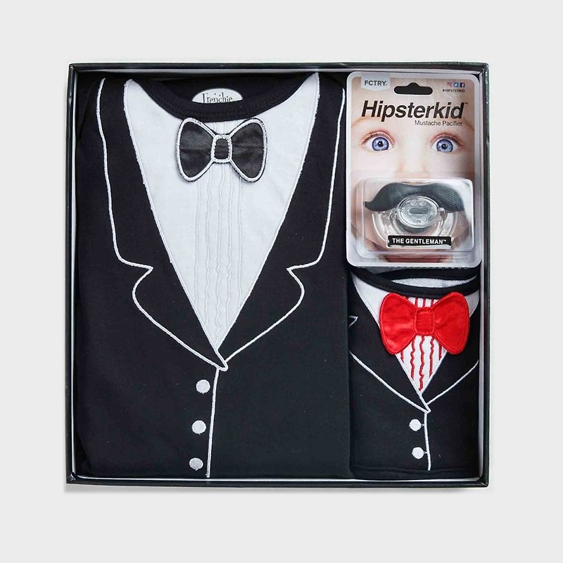 美國FMC X Hipsterkid男嬰禮盒-李傲納多宴會版 連身衣+圍兜+奶嘴 - 彌月禮盒 - 棉．麻 黑色
