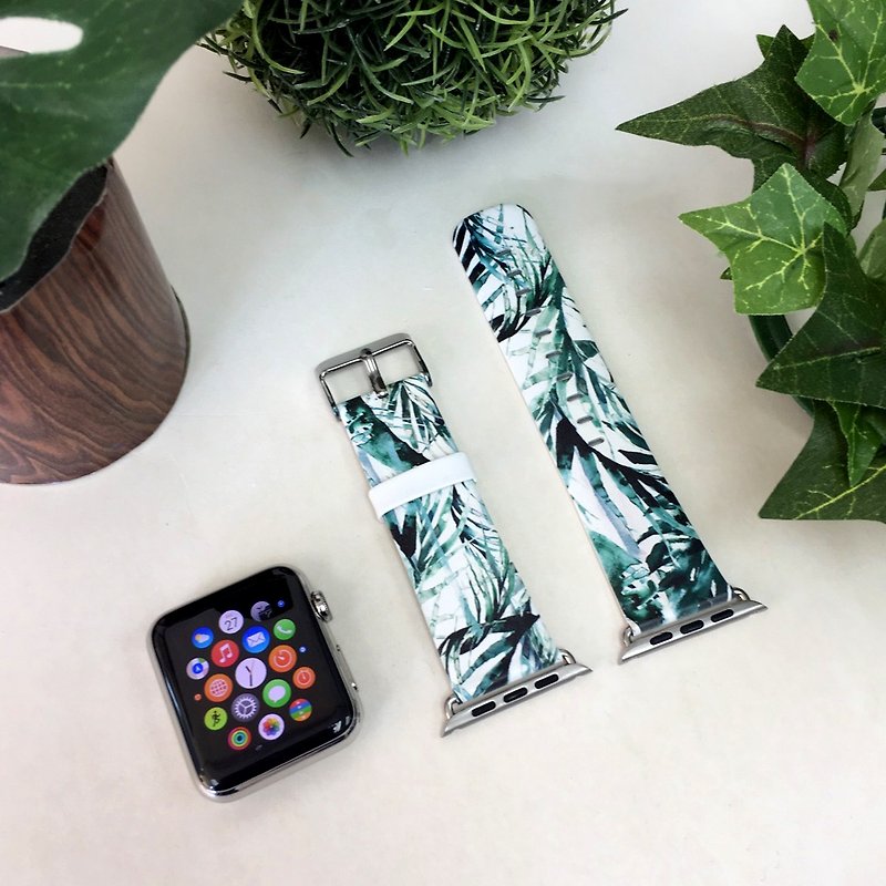Green Leaf Printed on Leather watch band for Apple Watch Series 1 - 5 - Other - Genuine Leather 