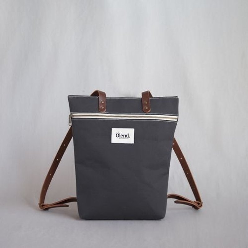 [西班牙手工製作] Ölend Mapa 帆布|牛皮|拼接|拉鏈 後背包 (Grey 鐵灰色) - 後背包/書包 - 其他材質 黑色