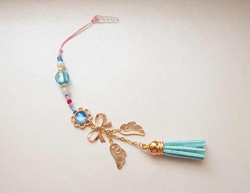 Flower feather - Sky blue(handmade,gift,strap,mobile phone strap,colored glaze,burma jade,rose gold,Tibetan silver,bow-knot,wings,cute,velvet suede fringed,knots) - Other - Other Metals Blue
