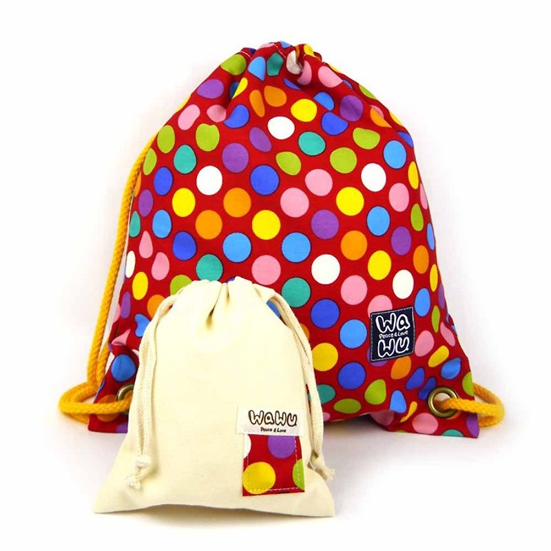 WaWu Drawstring backpack (Colorful red dot fabric) - กระเป๋าหูรูด - ผ้าฝ้าย/ผ้าลินิน สีแดง