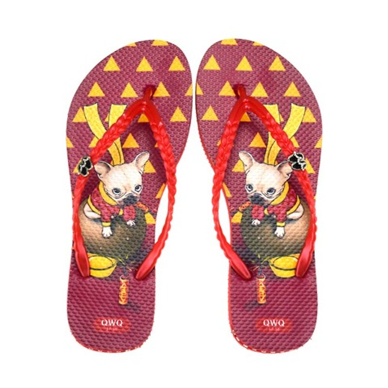 QWQ creative design flip-flops (no drilling) -New Year- red [STN0461501] - รองเท้าลำลองผู้หญิง - วัสดุกันนำ้ สีแดง