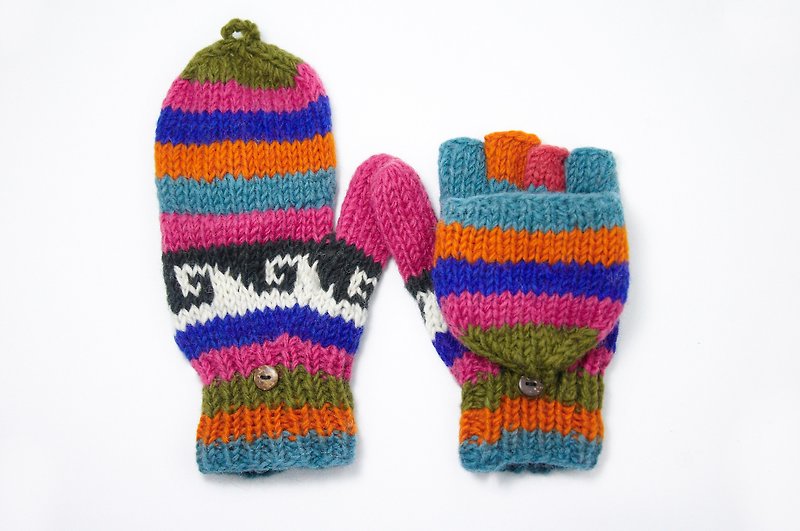 西洋情人節禮物 限量一件手織純羊毛針織手套 / 可拆卸手套 / 鉤針手套 / 保暖手套 - 桃紅對比色圖騰 - 手套/手襪 - 其他材質 多色