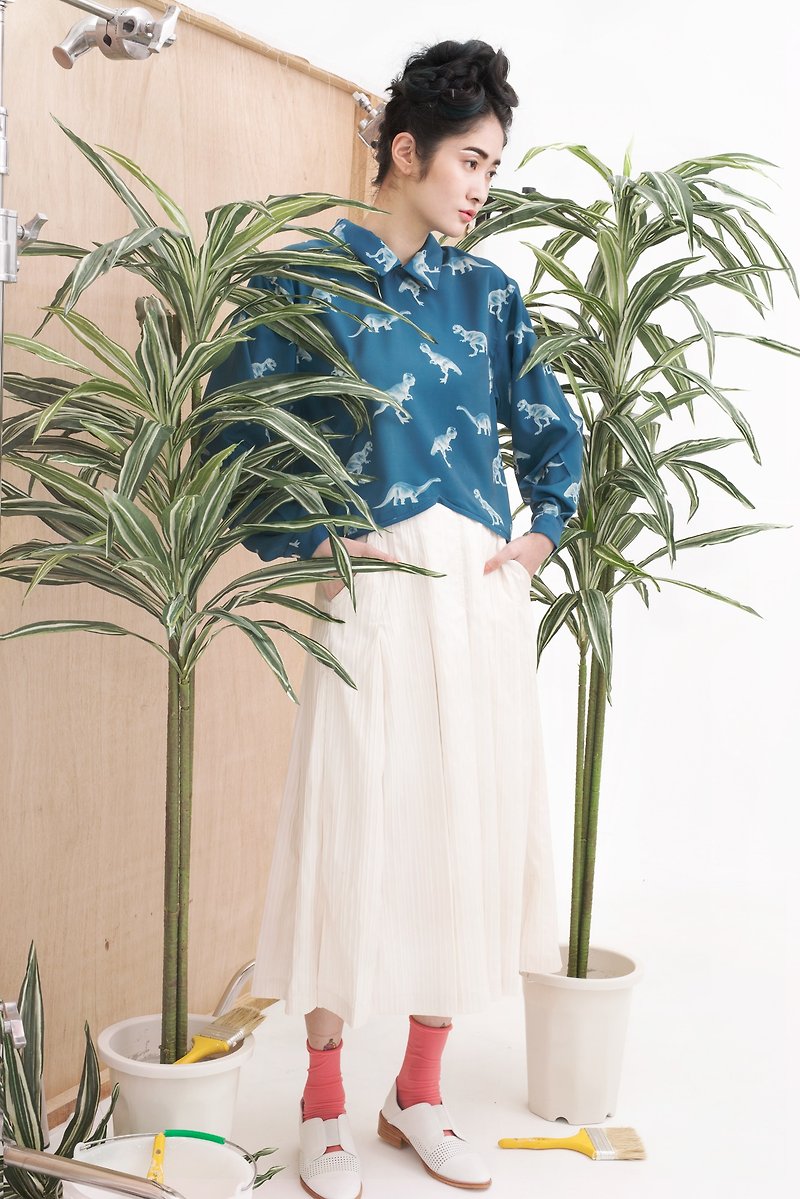 tan tan x Hsiao-Ron Cheng / dinosaur print shirt top - เสื้อผู้หญิง - วัสดุอื่นๆ สีน้ำเงิน