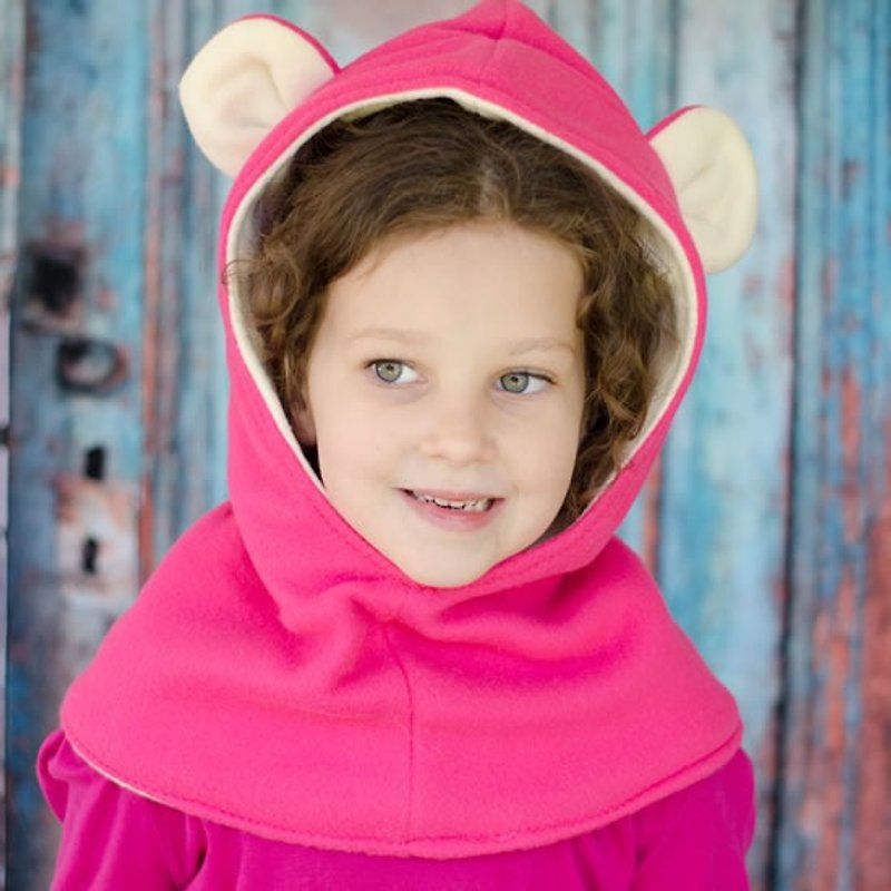 義大利Mondo Rotondo脖圍+連帽設計 小熊暖暖帽圍 粉色2-5歲 - 口水肩/圍兜 - 其他材質 粉紅色