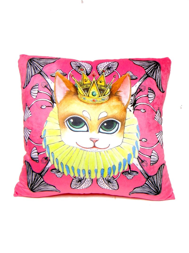 《Gookaso》 貓咪王帝 卡通印花抱枕 45x45cm 原創設計 - 枕頭/抱枕 - 紙 粉紅色