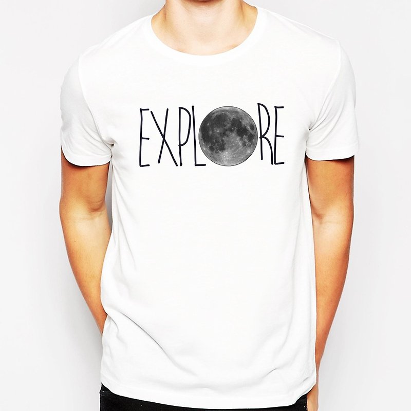 EXPLORE-MOON Sleeve T-Shirt-White Adventure Moon Universe Map Travel Photography Photos Young Life Wenqing Design Self-made Brand - Men's T-Shirts & Tops - Cotton & Hemp White