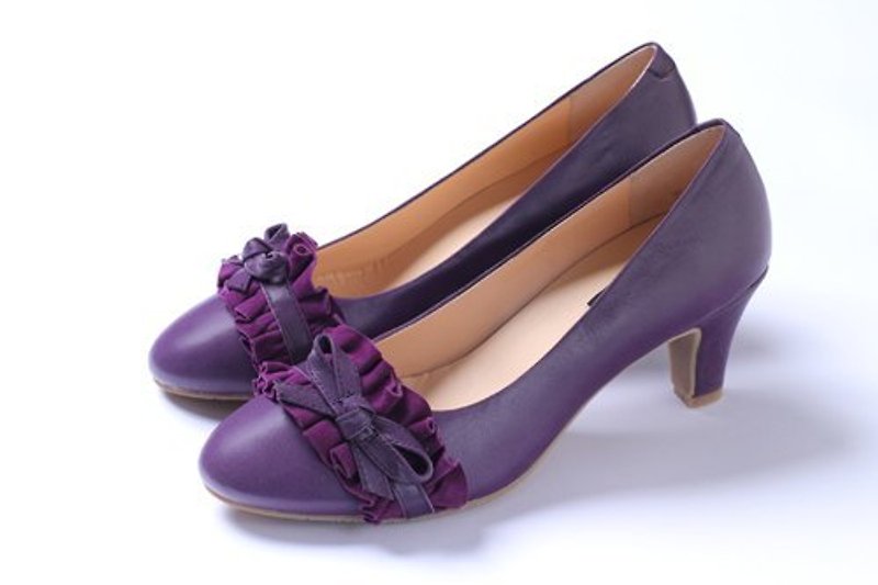 Purple trim bow long sling - รองเท้าส้นสูง - หนังแท้ สีม่วง