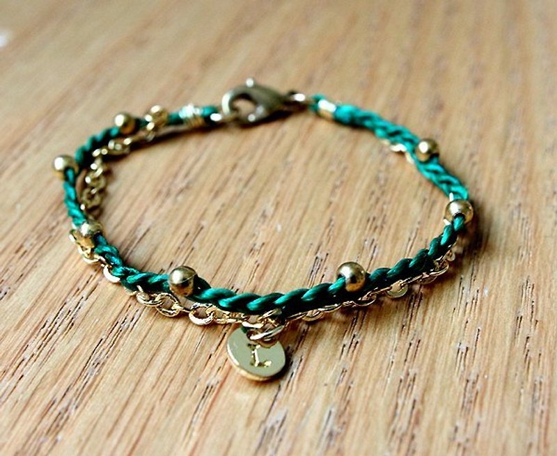 < Le loisir >! My lovely simple life wax rope braided copper beads bracelet retro green - สร้อยข้อมือ - ผ้าฝ้าย/ผ้าลินิน หลากหลายสี