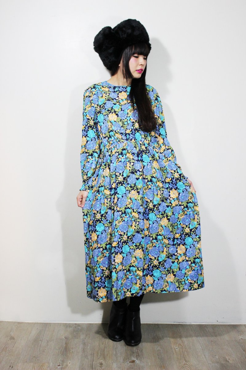 F622 (Vintage) dark blue background blue and yellow long-sleeved cotton dress set fan rose {vintage} - One Piece Dresses - Other Materials Blue