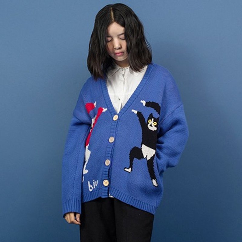 odd maker "meow" Funny cotton loose sweater coat thick - เสื้อแจ็คเก็ต - วัสดุอื่นๆ สีน้ำเงิน