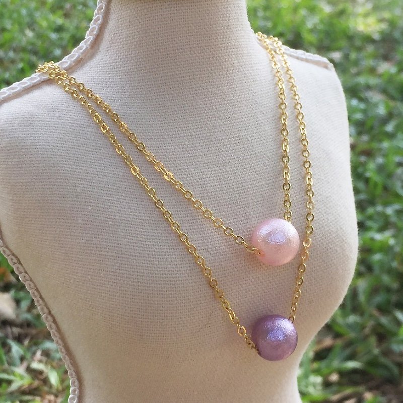 "LaPerle" 2 粒 endless imitation cotton flower necklace 16k gold-plated brass bead necklace Handmade Christmas gifts - Chokers - Other Materials Purple