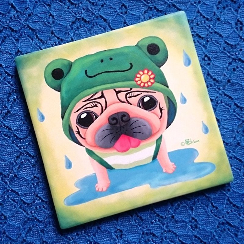 Pug ceramic absorbent coaster-Frog raincoat - Coasters - Pottery White
