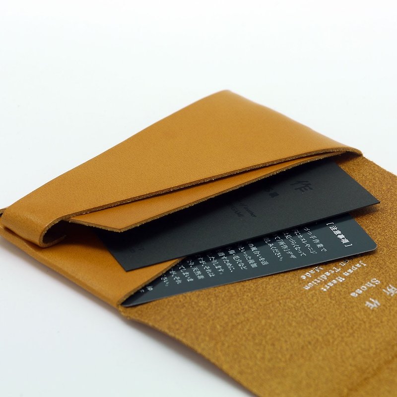 Japanese handmade - made Shosa vegetable tanned leather business card holder / clip - simple basic / caramel - Card Holders & Cases - Genuine Leather 