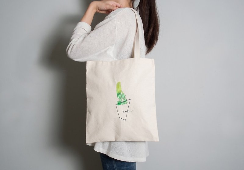 Hand-painted hand-printed fabric bag [Skinny Cactus] Single-sided pattern portable/shoulder - กระเป๋าแมสเซนเจอร์ - ผ้าฝ้าย/ผ้าลินิน สีเขียว