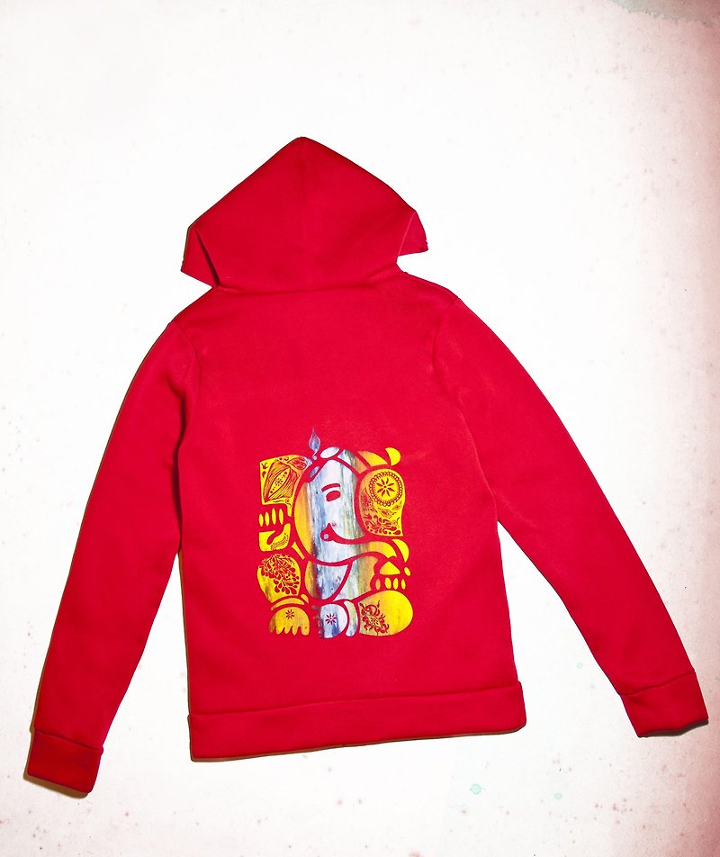 手感連帽內刷毛外套-印度大象Ganish(陽光紅) - Women's Casual & Functional Jackets - Cotton & Hemp Red