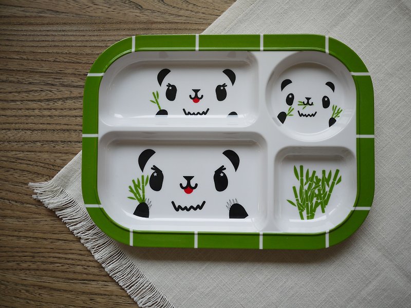 mixmania Tuanyuanyuan Family-Friendly Children's Four Frame Buffet Plate Black and White with Round Panda - จานเล็ก - วัสดุอื่นๆ หลากหลายสี