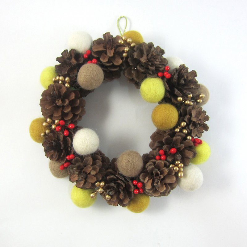 Christmas wreath │ wool ball pine cone wreath No.3 sweet orange-yellow - ของวางตกแต่ง - ขนแกะ สีส้ม