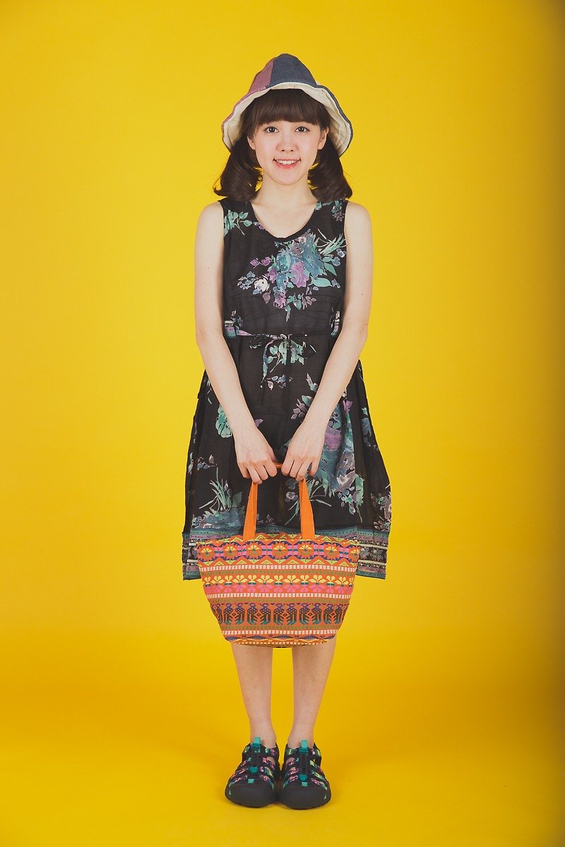 ☆ saibaba ethnique // Great Ink floral vest dress ☆ - ชุดเดรส - ผ้าฝ้าย/ผ้าลินิน สีดำ
