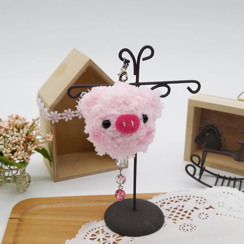 Knitted woolen soft mobile phone charm can be changed to key ring charm-pink pig - พวงกุญแจ - ผ้าฝ้าย/ผ้าลินิน สึชมพู