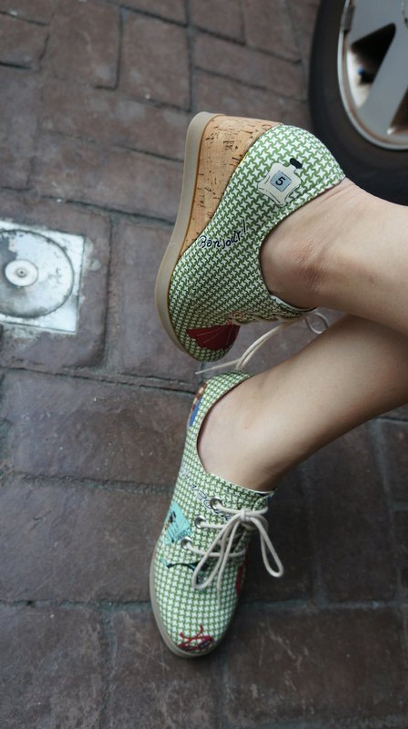 Rita617 limited custom wedge shoes (small cloth off bells paragraph) - รองเท้าลำลองผู้หญิง - วัสดุอื่นๆ สีเขียว