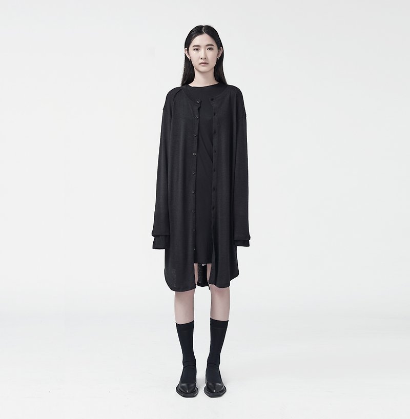 TRAN - 粗針織長版襯衫 - 女毛衣/針織衫 - 聚酯纖維 黑色