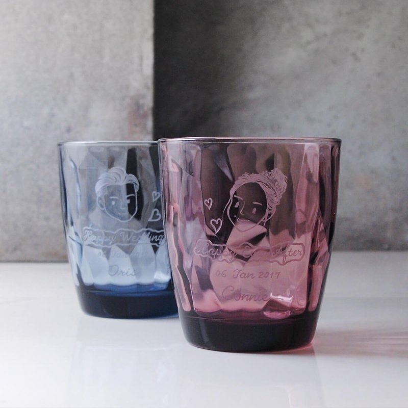 (Pair price) 390cc [Happy Wedding] (Simplified Version) Diamond Pair Cup Q Version Wedding Gift Customization - Customized Portraits - Glass Blue