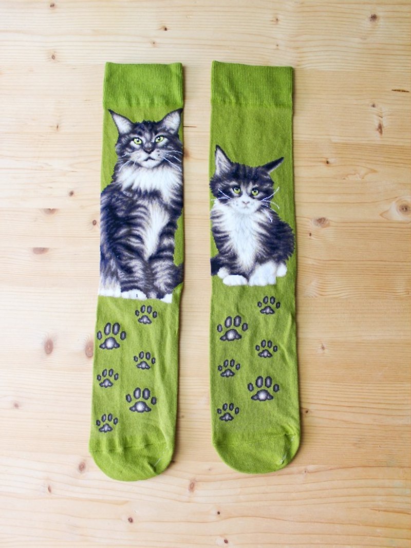 JHJ Design Canadian Brand High Color Knitted Cotton Socks Cat Series Maine Coon (Female) Cats Love Cats Cute - Socks - Other Materials Green