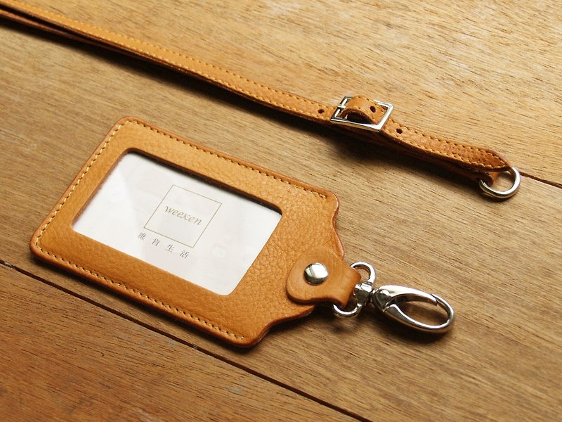 Leather ID card holder / badge holder with lanyard ( Custom Name ) - ที่ใส่บัตรคล้องคอ - หนังแท้ สีเหลือง