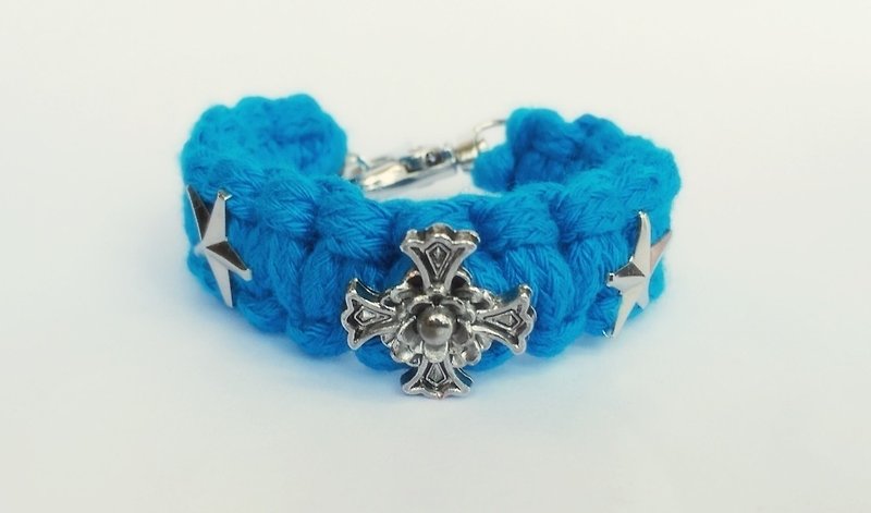 Aqua Blue Wild Rose Cross star Ding Mao braid - Bracelets - Cotton & Hemp Blue