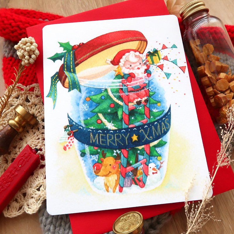 【Pin】クリスマスボトル│印刷水彩画│クリスマスカード│封筒の色は選べます - カード・はがき - 紙 多色