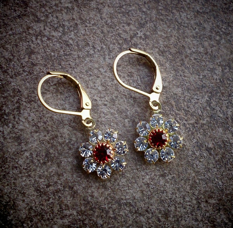 Vintage Swarovski Flower Earrings - Earrings & Clip-ons - Glass Red