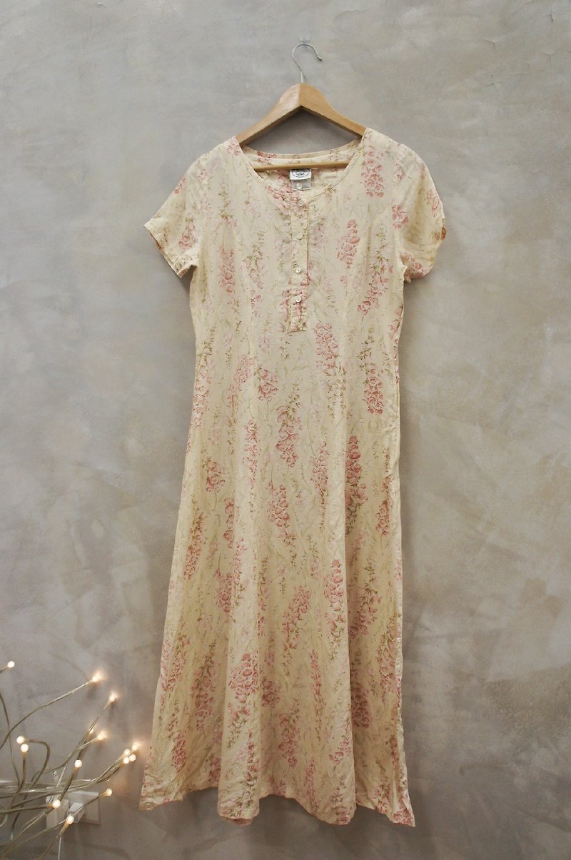 PdB 古著 淡鵝黃色佐玫瑰色印花 長洋裝 英國製造 - 連身裙 - 其他材質 多色