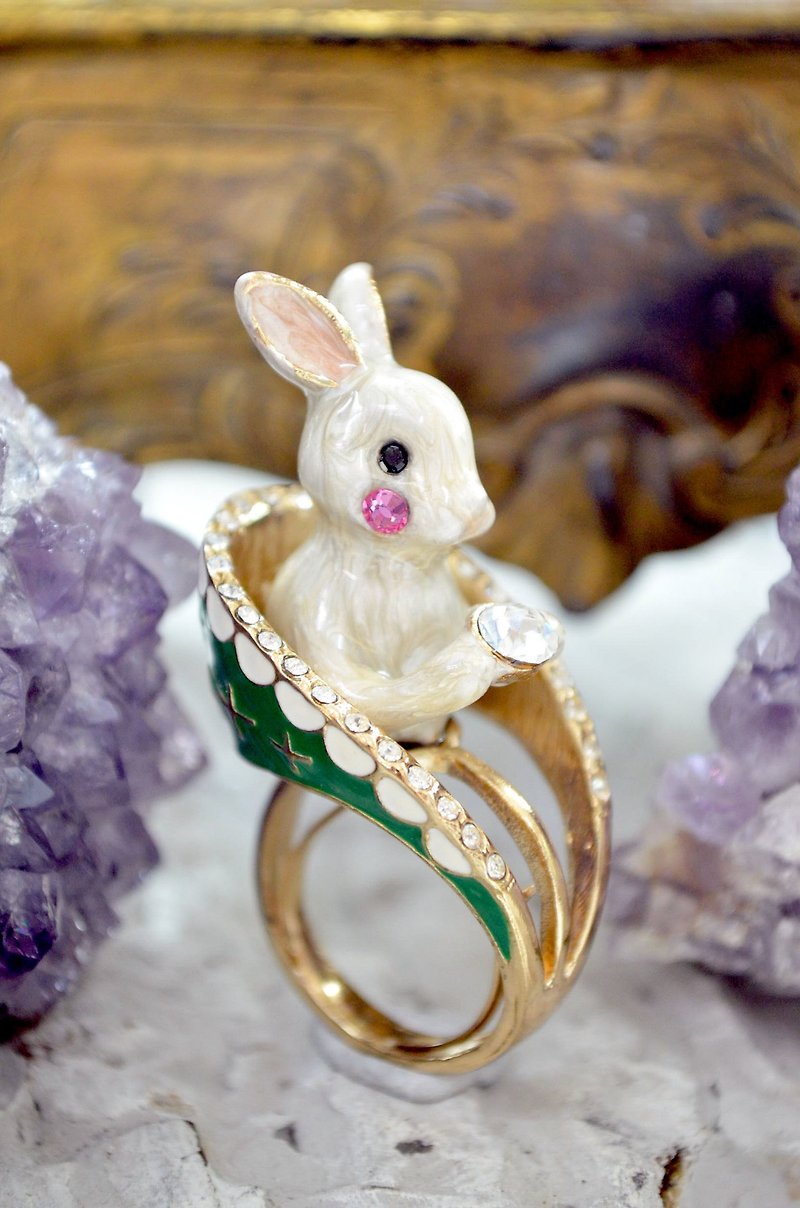 TIMBEE LO White Rabbit with Green Chair Ring Original  elastic size adjuster - General Rings - Other Metals Green