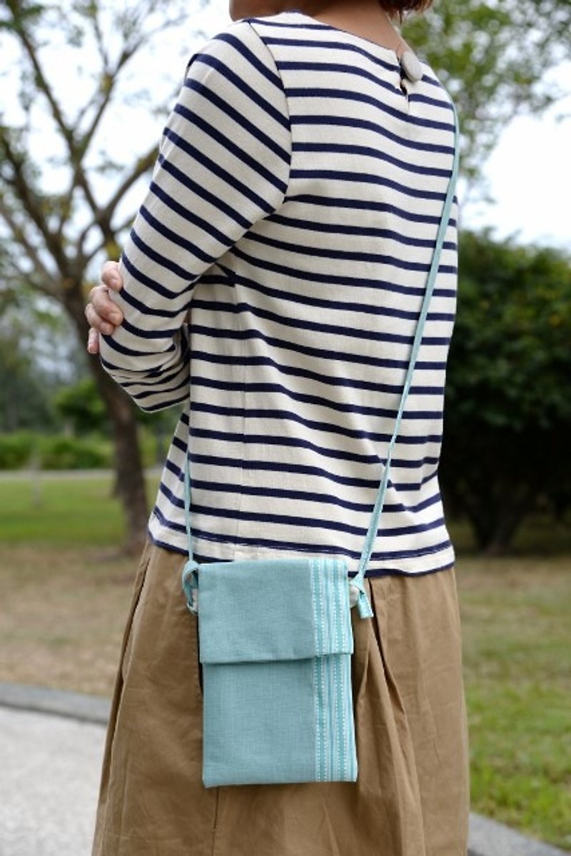 Hand feel small cross-body bag-water green and stripes - Messenger Bags & Sling Bags - Other Materials Green