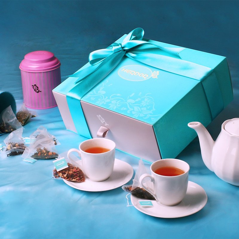 【12% off】Flower Blue Silk Gift Box (2 cans)/Triangular Tea Bag【Floral Tea Gift Box】 - Tea - Other Materials Blue