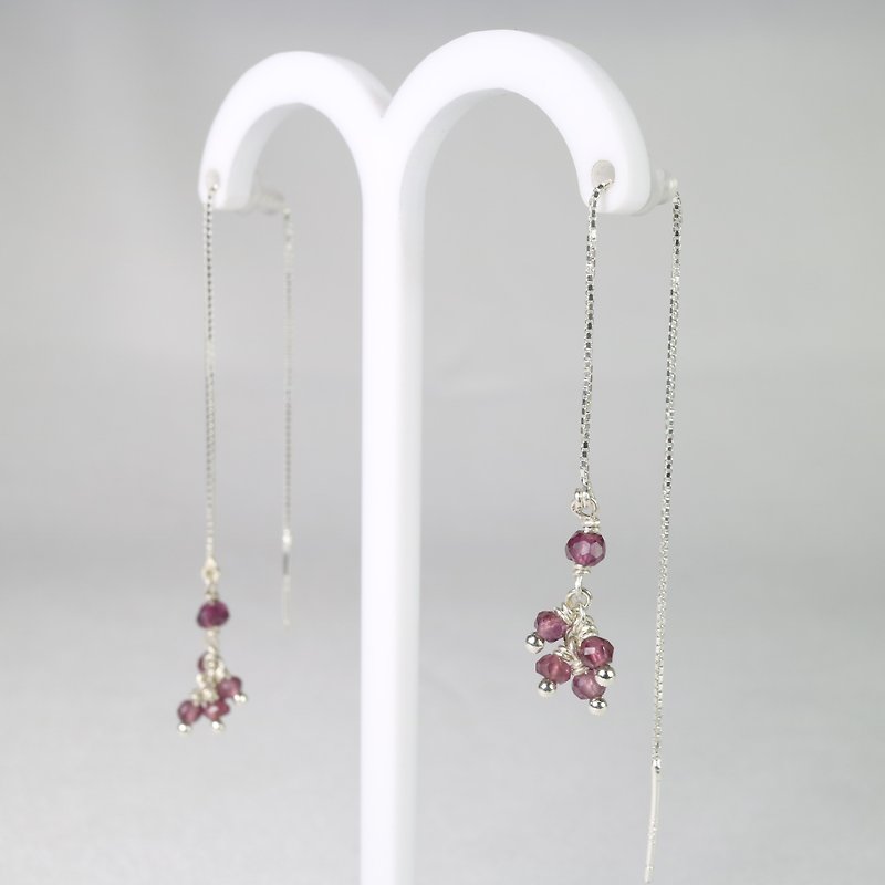Stone sterling silver earrings ear chain - Earrings & Clip-ons - Gemstone Red