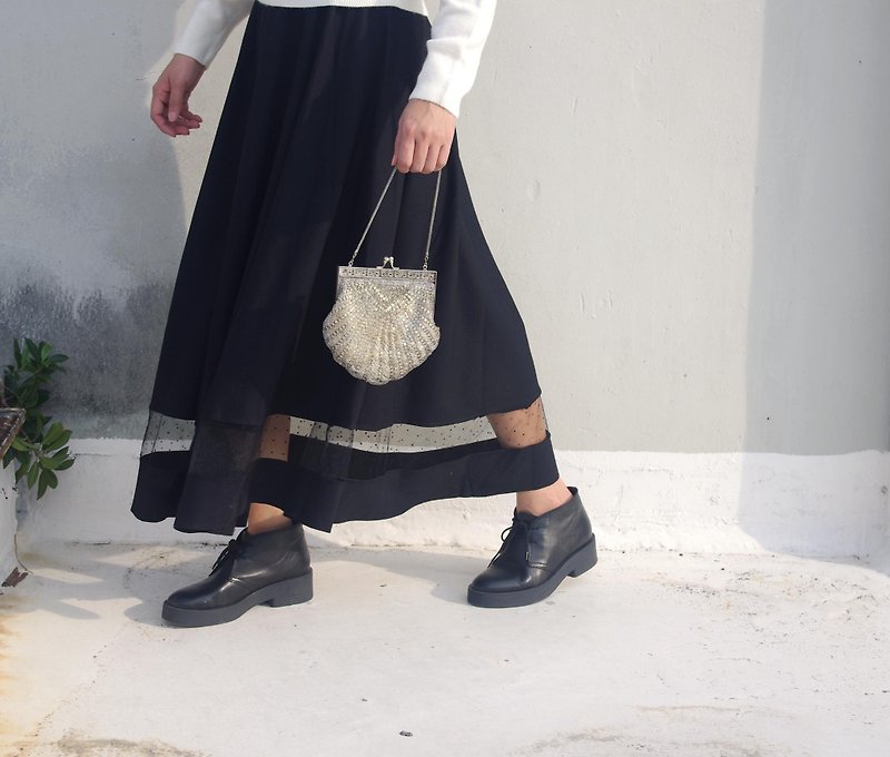 4.5studio- independent hand-made by FU- Qunbaiyaoyao black knit dress stitching dot Yuanqun - Skirts - Other Materials Black