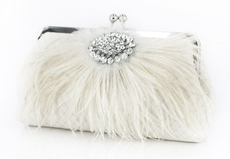 Ivory rhinestone ostrich feather dinner / bride holding mouth gold bag - Other - Other Materials White