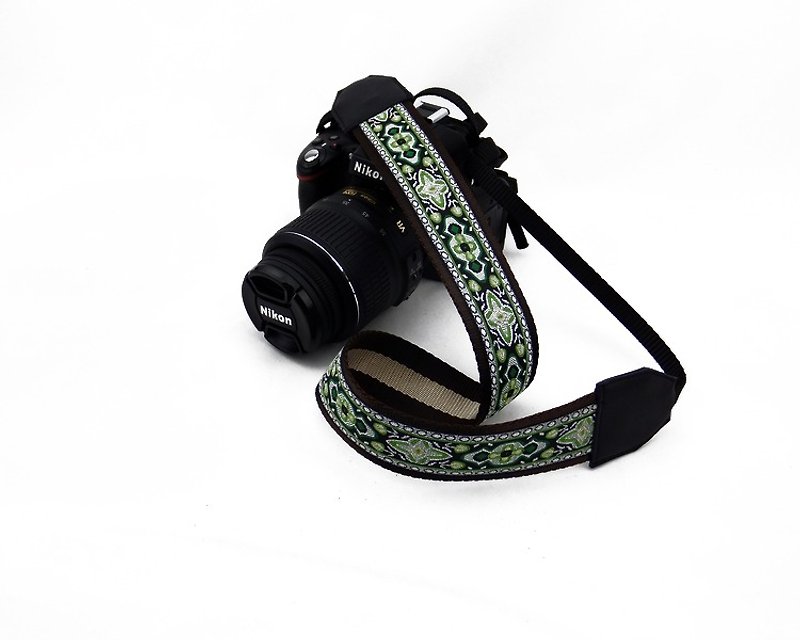 相機背帶 個性客製 可印字 真皮拼接 刺繡花紋  民族風004 - 相機背帶 - 真皮 綠色