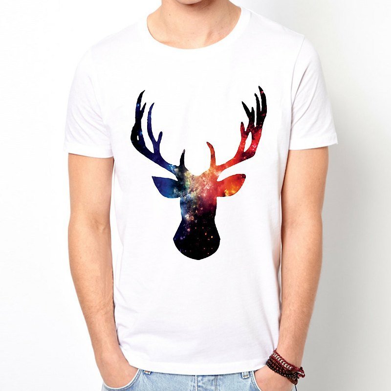 Cosmic Stag 短袖T恤-白色 鹿動物宇宙平價時尚設計自創品牌銀河 - 男 T 恤 - 其他材質 白色