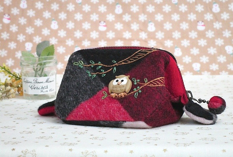 Owl coin purse | ㄇ type box - กระเป๋าใส่เหรียญ - ผ้าฝ้าย/ผ้าลินิน สีแดง