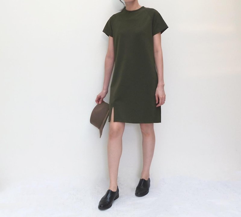 Army green slits neat minimalist dress - One Piece Dresses - Other Materials 