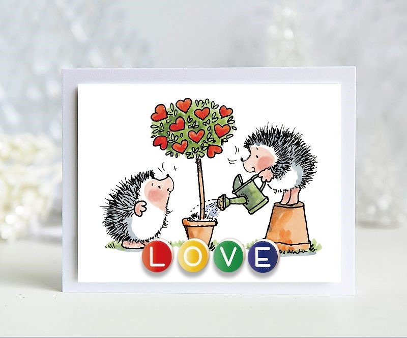 Hedgehog Valentine Taoka 3 Love Love / handmade cards English - Cards & Postcards - Paper Multicolor