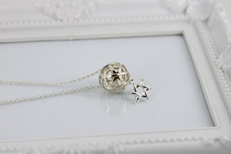 Silver Necklace - find ring + hexagram (bright white) {Star Ball / 925 Sterling Silver} - Necklaces - Other Metals White