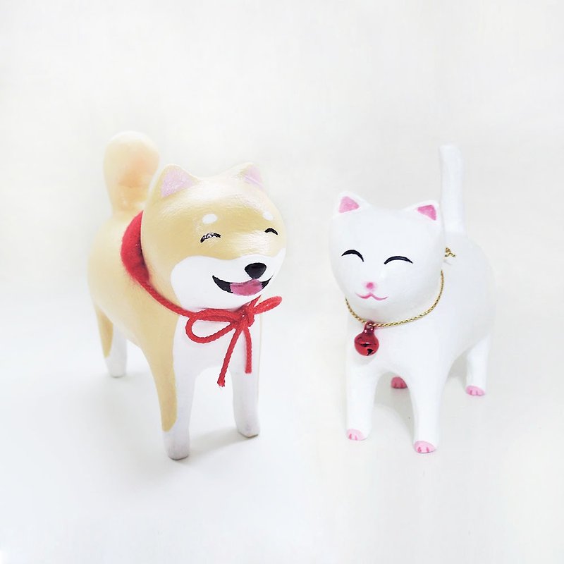 We do not separate Smiling Shiba cat ornaments wood carving wooden handle healing decorations - Items for Display - Wood White