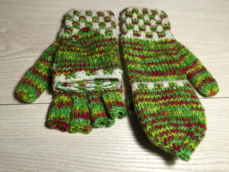 Peru handmade woolen lid gloves-color green - Gloves & Mittens - Other Materials Multicolor
